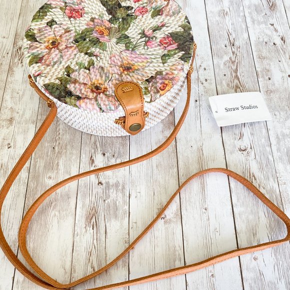 Straw Studios Handbags - Round Floral Rattan Crossbody
